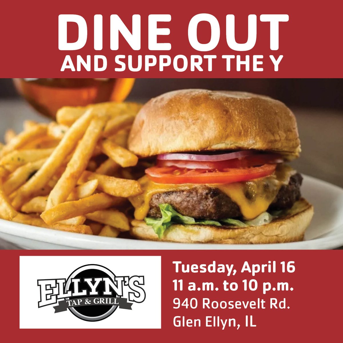 Satisfy your taste buds and support a good cause at the same time. Mention the Y or present the flyer when you dine in or carry out on Tuesday, April 16 and @Ellyns_Tap will donate 20% of sales to the B.R. Ryall YMCA. Browse the menu ellyns.com