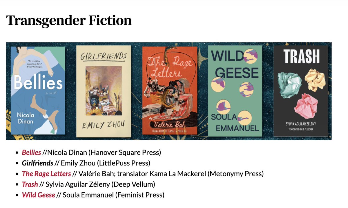 Happy to see Trash--by @sylviruk & translated by yrs truly--designated a Finalist for a Transgender Fiction Award from Lambda Literary. lambdaliterary.org/awards/current…