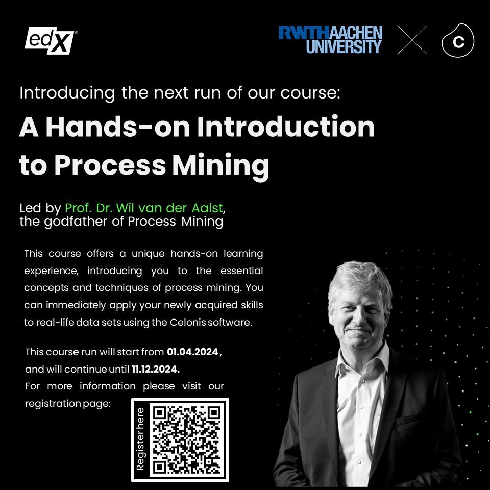 Do you want to study #ProcessMining at your own pace? Enroll now for the "RWTHx: A Hands-On Introduction to Process Mining" course. 

You have until December to complete it, but if you reserve the time, you can also finish it in one week!

Register via edx.org/learn/computer…