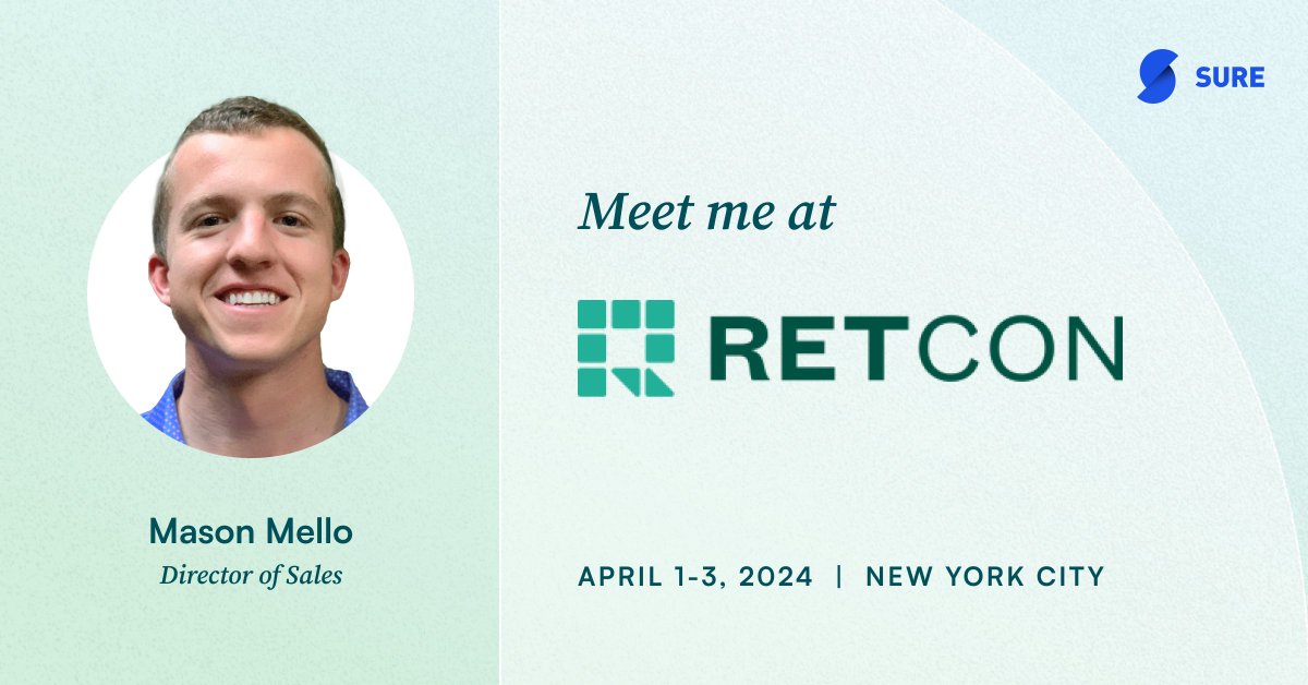 SureHQ's tweet photo. 🍎 We’re heading to the big apple! 🍎 If you’re attending @Retcon_USA in NYC next week, be sure to schedule some time to meet with Mason Mello, Sure’s Director of Sales. https://t.co/ONuUFse7yU

#insurtech #digitalinsurance #fintech https://t.co/bTWxhgVuNJ
