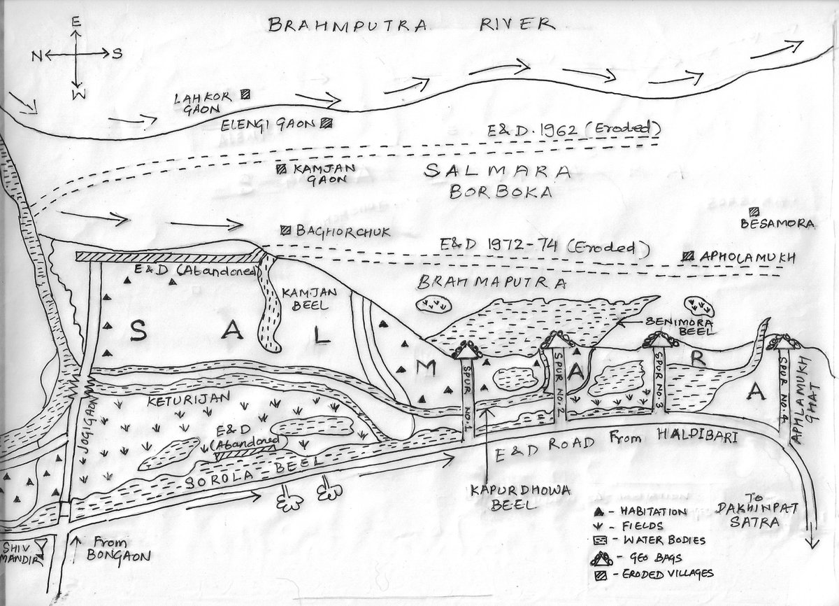 Majuli_Chapori's tweet photo. I love this #map drawn by villagers in one of my research #villages in #Majuli -- it's part of my #book! Here they depict the changing #geographies of their village over decades, esp. in relation to the #river & #infrastructure (E&D = #embankments & drainage).
#SlowDisaster https://t.co/TfGYd98EVu