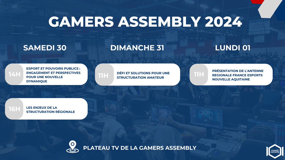 Nous sommes très heureux de vous annoncer notre participation à la Gamers Assembly 2024, nous organiserons cette année plusieurs tables rondes sur les thématiques suivantes : - Esport et Pouvoirs publics : Engagement et perspectives pour une nouvelle dynamique - Les enjeux de