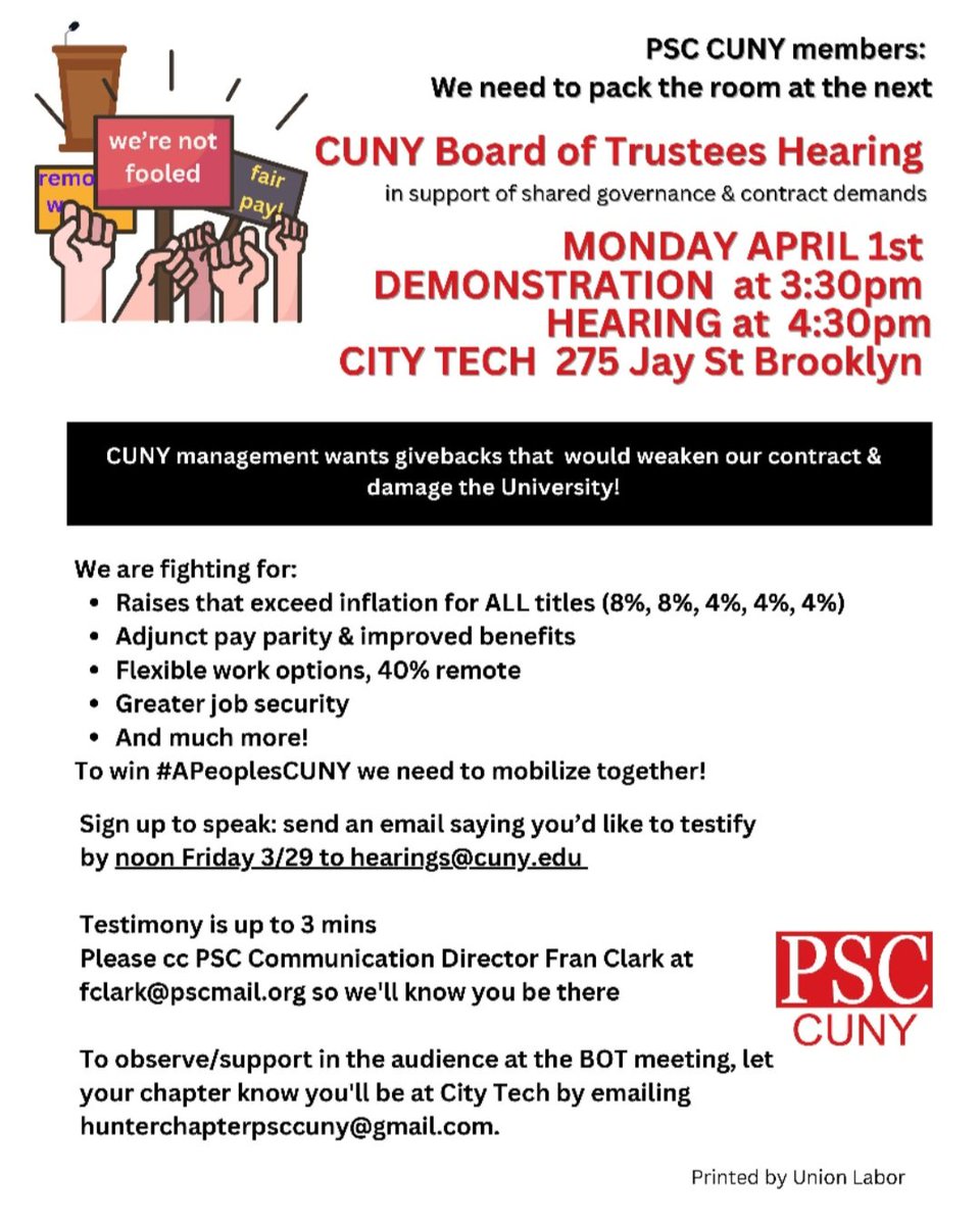 HunterPSCCUNY's tweet photo. PACK THE AUDITORIUM 
We're no fools!
#CUNY Board of Trustees hearing
330pm demonstration
430pm hearing
Come whenever you can to support! 
#UnionStrong https://t.co/nKEipqfnkv