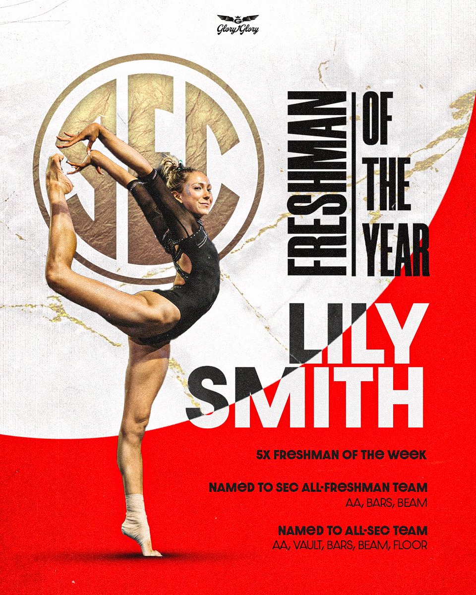 UGAGymnastics's tweet photo. Lily Smith has been named the sec Freshman of the year!

🔴⚫️🌟🐶

#GloryGlory | #GoDawgs https://t.co/xDPDCXCsOv