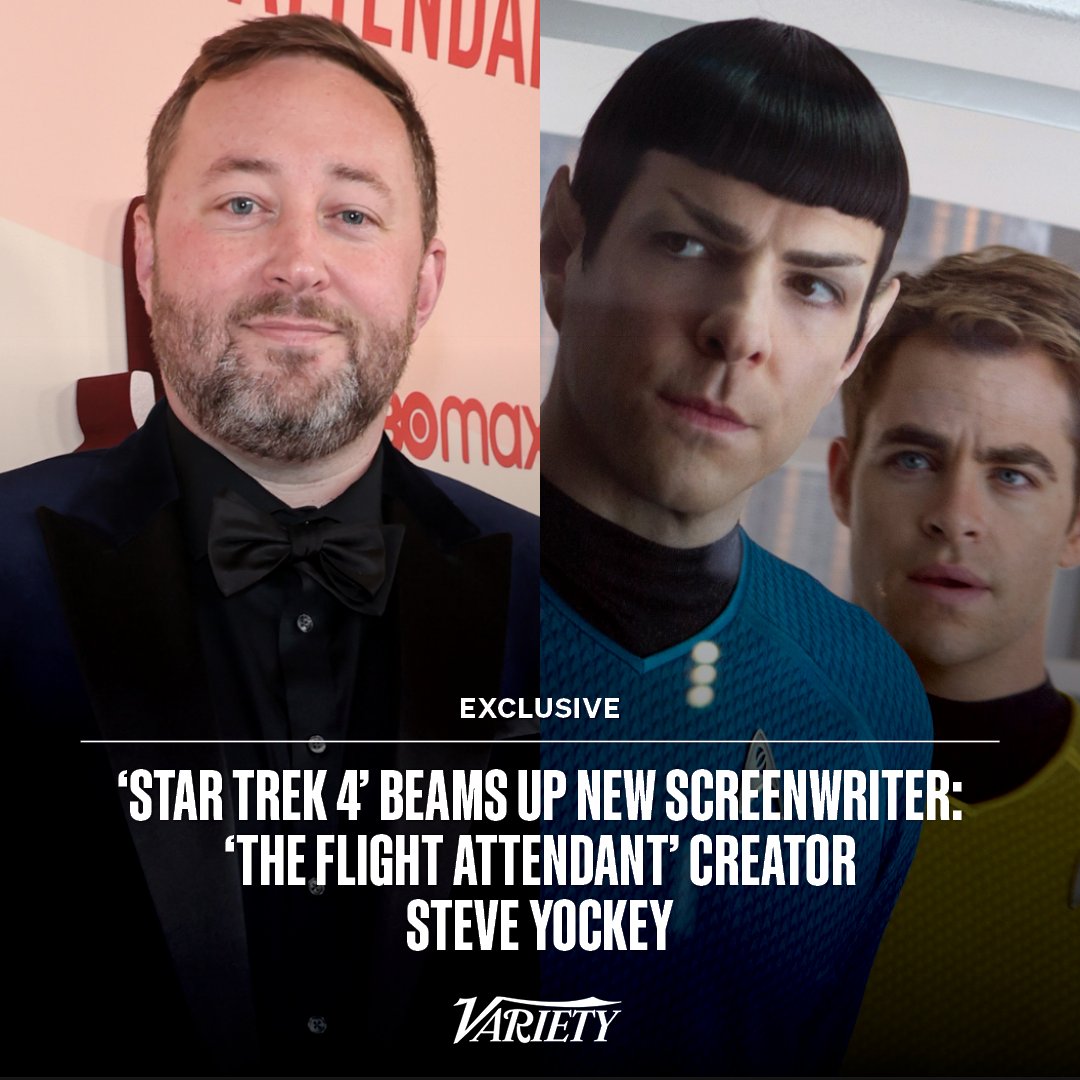 Variety's tweet photo. EXCLUSIVE: "The Flight Attendant" creator Steve Yockey is writing "Star Trek 4."

Paramount intends the project to be the final chapter for the cast that includes Chris Pine, Zachary Quinto, Zoe Saldaña, Karl Urban, John Cho and Simon Pegg. https://t.co/UnH9EysfzN https://t.co/acRogkilcf