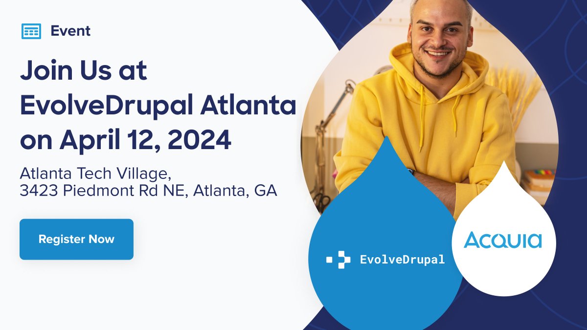 acquia's tweet image. Are you attending #EvolveDrupal Atlanta? Discover the latest in AI, accessibility, digital strategy, content, and marketing through high-value talks designed to inspire and inform. Register today: eventbrite.ca/e/evolvedrupal… @evolvingweb