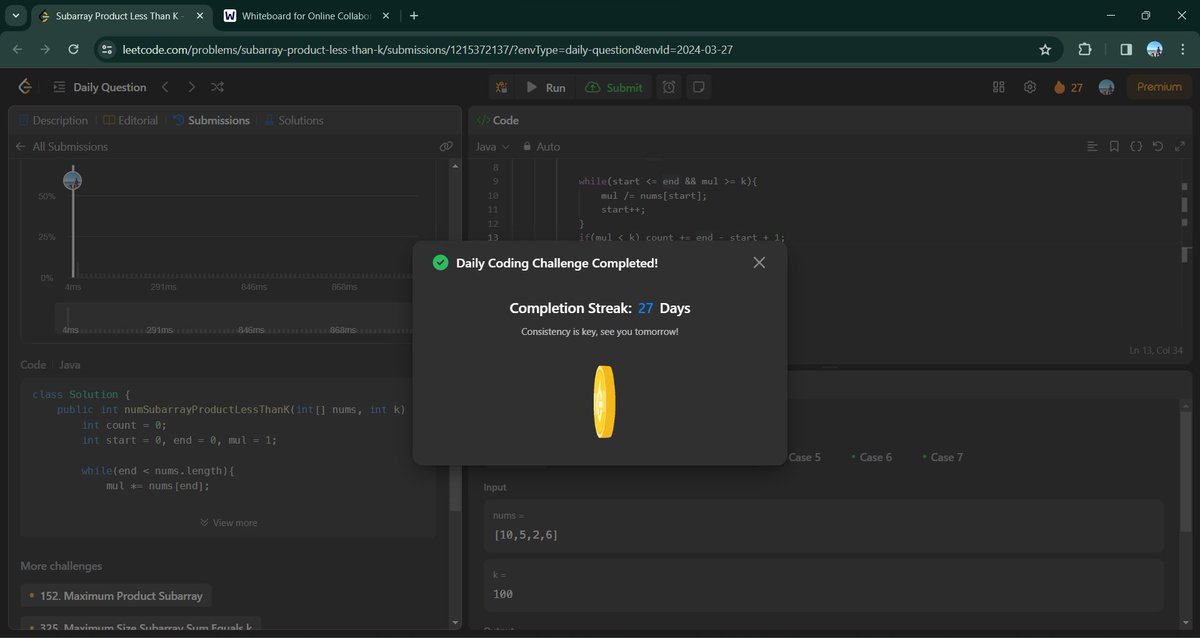 jainextwt's tweet image. Day 25/30 #30DaysOfDSA

✅ Subarray Product Less Than K (Daily)
✅ Unique Paths

#DSA
#30dayscoding
#Coding
#leetcode
#buildinpublic