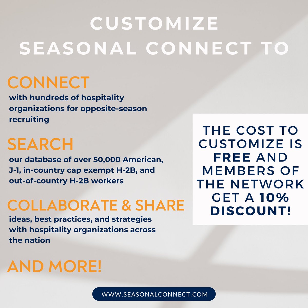 Employers, you can now customize Seasonal Connect for your organizations that have multiple properties! In addition to the benefits that Seasonal Connect already offers, customization fosters recruitment within your company, allowing your properties to hire groups (1/2)