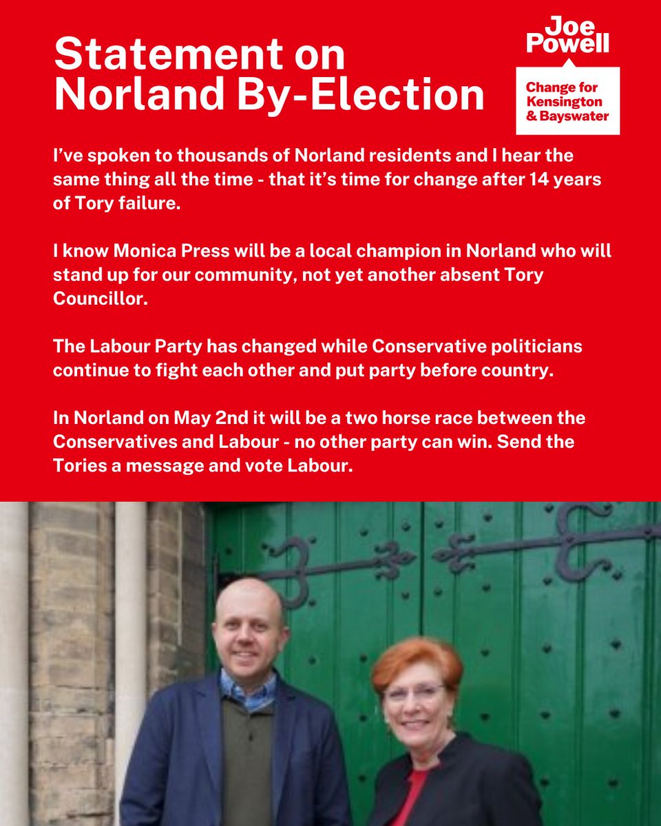 Delighted that @pressmonica16 will be the Labour candidate in the Norland RBKC by-election on May 2nd. She has an excellent track record, and does the work. RBKC doesn't need yet another Tory Councillor. It's time for change - and only Labour can win this seat off the Tories.