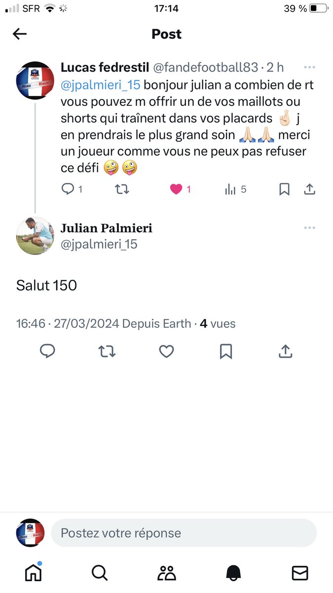 Bonjour à tous !! A 150 et de ce tweet l immense <a href="/jpalmieri_15/">𝐉𝐮𝐥𝐢𝐚𝐧 𝐏𝐚𝐥𝐦𝐢𝐞𝐫𝐢</a> m offre un de ses équipements de sa belle carrière !! Aidez moi svp un rt ne coûte rien 🙏🏻🙏🏻 merci à tous
