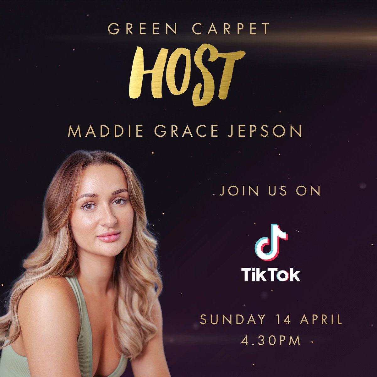 Meet your @tiktok_uk Green Carpet host, Maddie Grace Jepson who will be talking to all the stars of the evening LIVE from 4:30pm on Sunday 14 April!