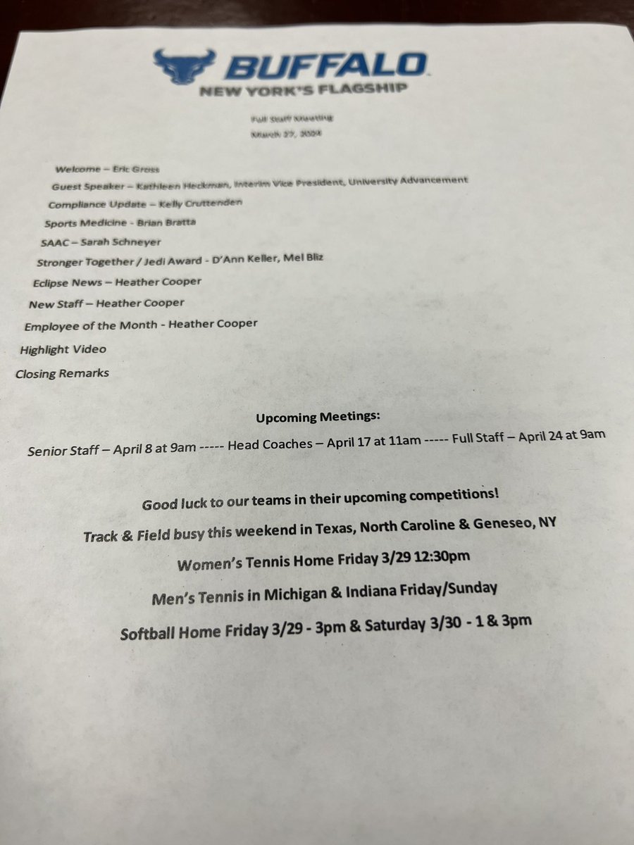 Alnutt41's tweet photo. Another informative @UBAthletics Full Staff meeting. My original agenda is full of notes. Great things happening in our department by our staff and student-athletes and always appreciate the support of our campus. Thank you Kathleen Heckman for the Boldly Buffalo update.๐ค๐พ#UBFam https://t.co/Z562eyhmBu
