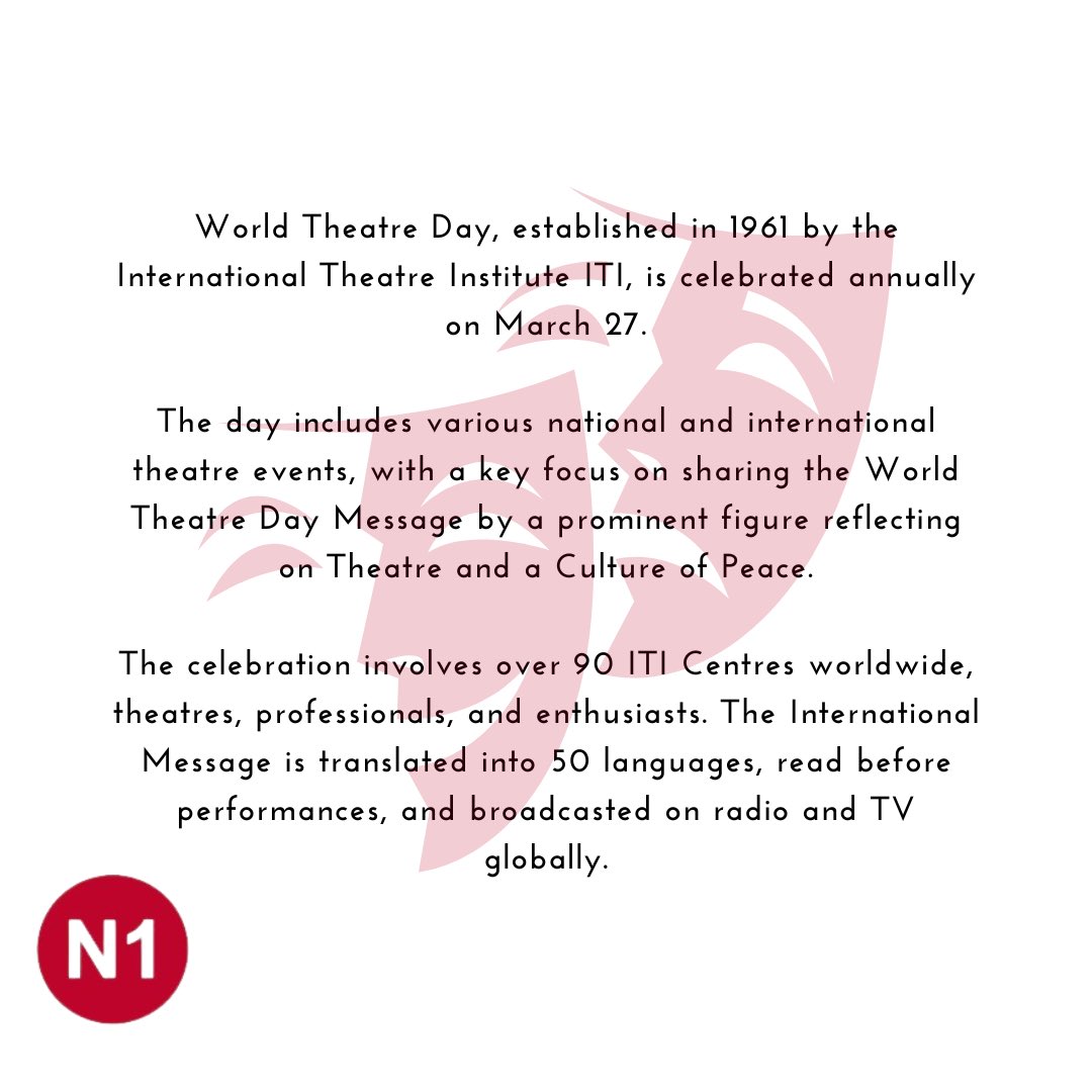 All of us at @n1management want to wish everyone a happy world theatre day, without the theatre we wouldn’t have the wonderful stories to tell, long may it continue. #worldtheatreday #worldtheatreday🎭 #worldtheatreday2024 #alltheworldsastage #actorslife #actors #actresses