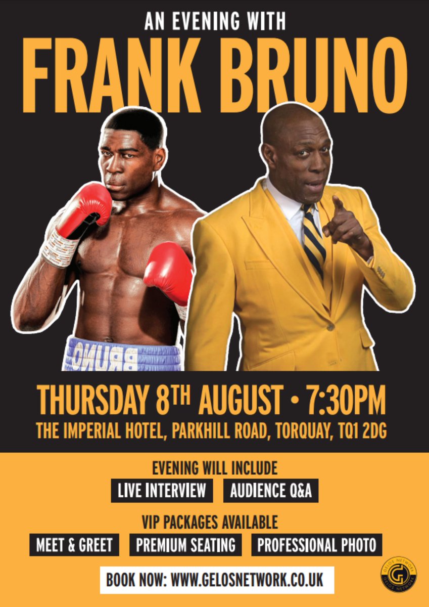 Afternoon the Frank Bruno UK tour is stopping off in Torquay in August why not make it a little break? 1st time I've been there for a while