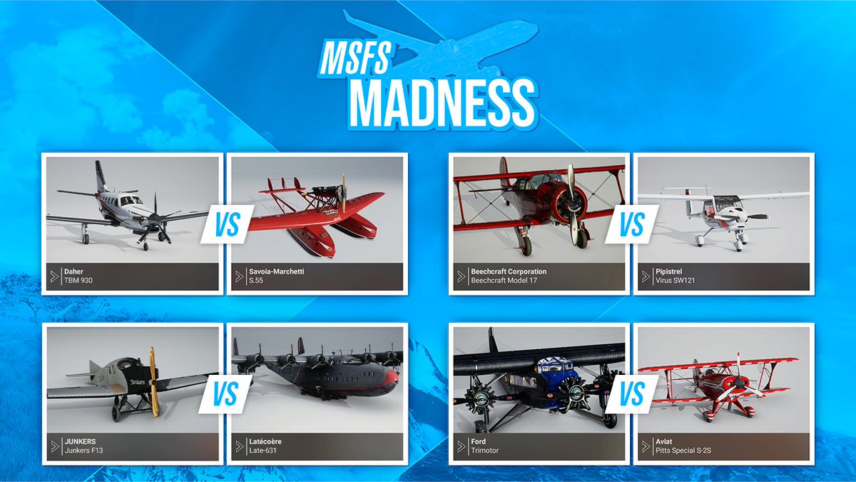 MSFSofficial's tweet photo. We had a real nailbiter between the Cessna 152 and P-51 Mustang in #MSFSMadness yesterday! Will any of today's matchups be equally close? Vote below! https://t.co/Tq6E4g6CXB