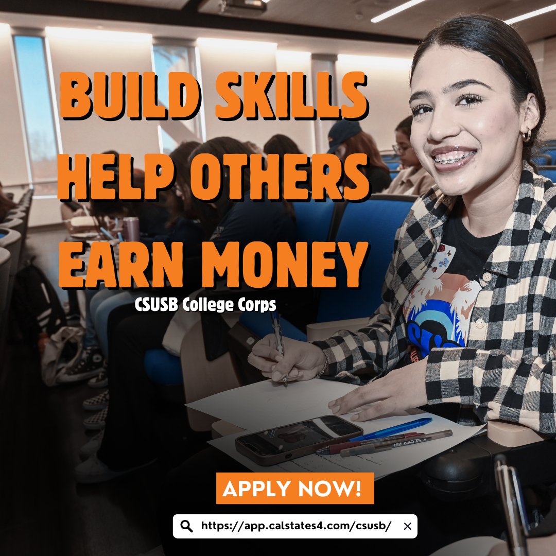 The College Corps Initiative has Three Goals: Build Skills, Help Others and Earn Money. If you need help paying for your education while doing meaningful work, the #CaliforniansForAll College Corps program is for you! Apply today! Application link: app.calstates4.com/csusb/