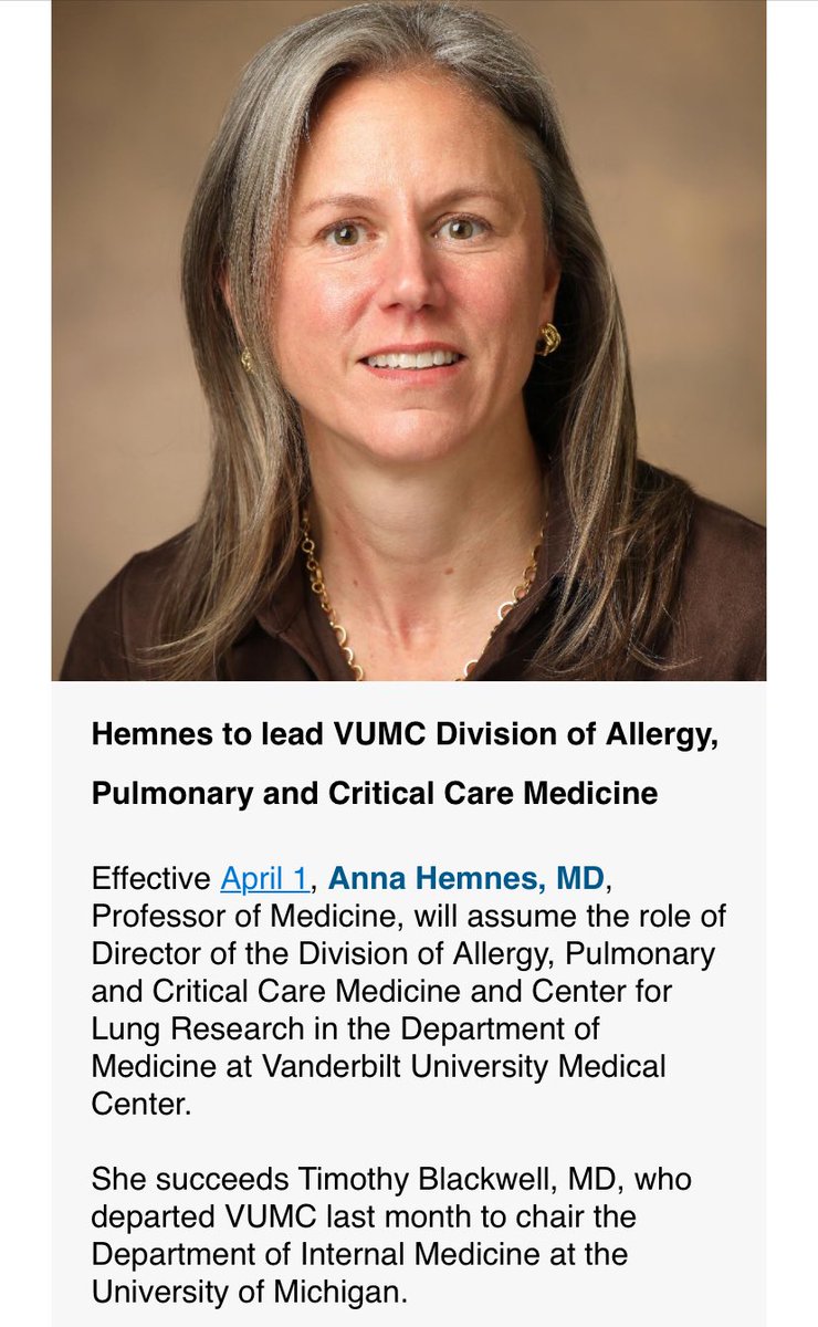 Hemnes to lead VUMC Division of Allergy, Pulmonary and Critical Care Medicine!!! Congratulations Anna!