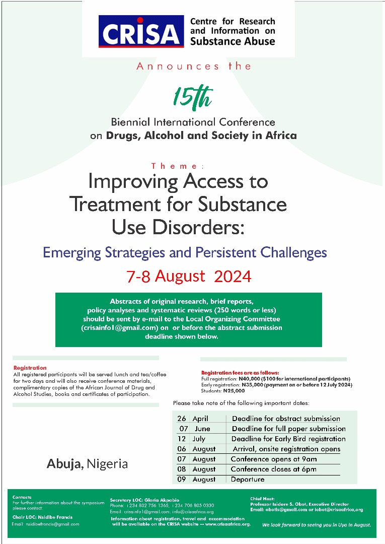 We are now accepting submissions for abstracts, workshops and panel sessions for the 15th Biennial International Conference on Drugs, Alcohol and Society in Africa