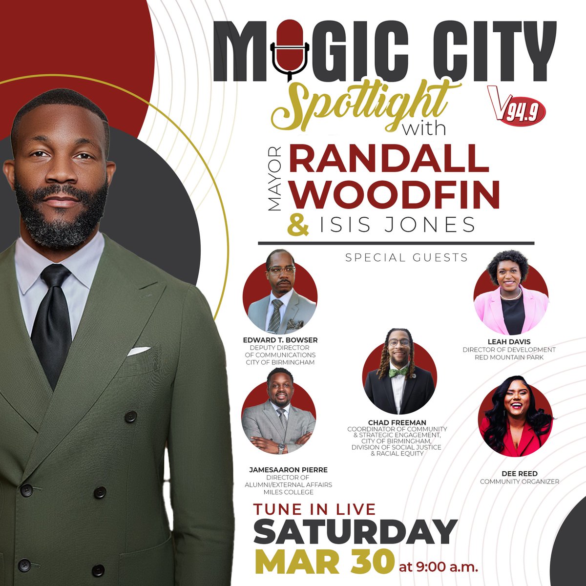 Birmingham has lots of new leaders on the rise, and this Saturday you'll get to hear from them. Tune in to the Magic City Spotlight at 9 a.m. and get to know five dynamic leaders who are bringing change to our city. We'll see you on V94.9.