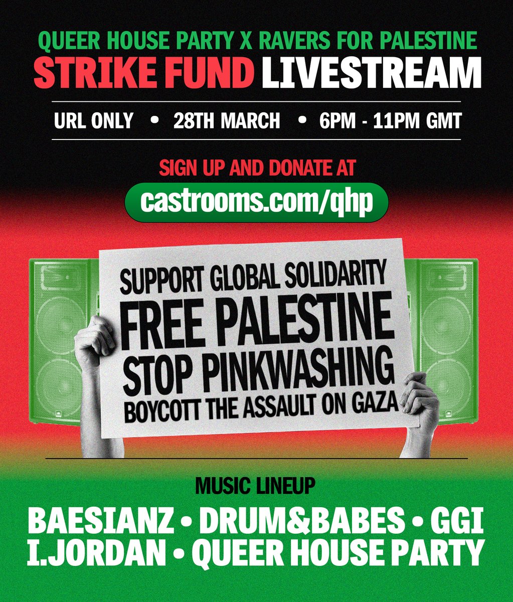 LIVE NOW! QUEER HOUSE PARTY X RAVERS FOR P@LEST!NE - STR!KE FUND LIVESTREAM

Tune in and help us to fundraise from 6PM - 11PM [GMT] at castrooms.com/qhp

Fundraising to support DJs and musicians who have been d€platfomed for expressing sol!darity with P@l€stin€.