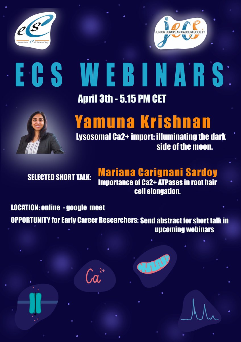 Don't miss the next #ECSwebinar on April 3th - 5.15 PM CET!
We look forward to the talk of @KrishnanYamuna on lysosomal Ca2+ import and the short talk of ECR Mariana Carignani Sardoy! ✨✨
Find meeting link and updates on upcoming webinars here: 
docs.google.com/spreadsheets/d…