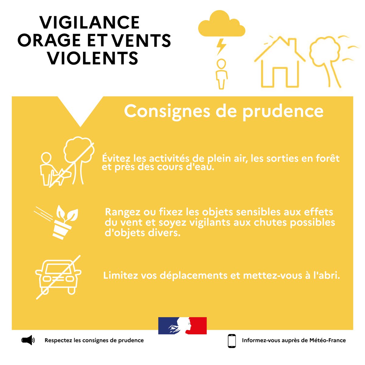 Prefet53's tweet photo. ⚠️ La #Mayenne est placée en #vigilancejaune 🟡 pour un risque de #vent 💨 (situation météorologique à surveiller) puis d'#orage ⛈️.
Demain jeudi, les rafales à l'intérieur des terres pourront atteindre 90 à 100 km/h, en particulier sous des averses orageuses.
✅ Soyez prudents. https://t.co/r1ZM6r7xrP