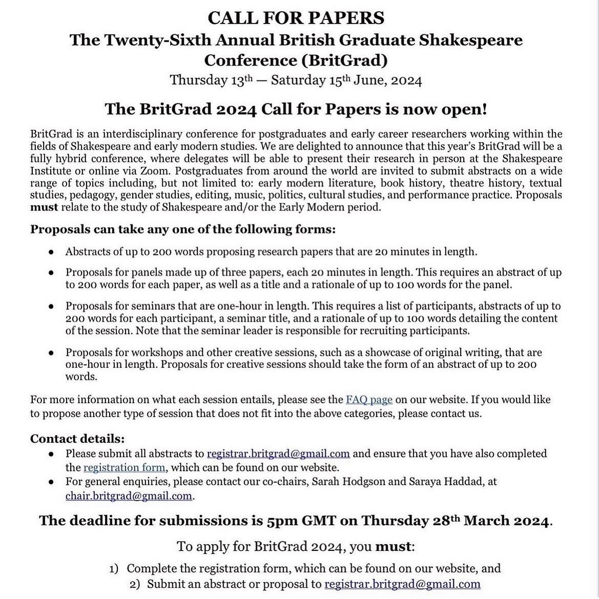 🪶⏳ Attention all! Our 2024 Call for Papers closes tomorrow! There is still time to apply to present at BritGrad this year. Check out our website for further details. ⏳🪶 #britgrad2024