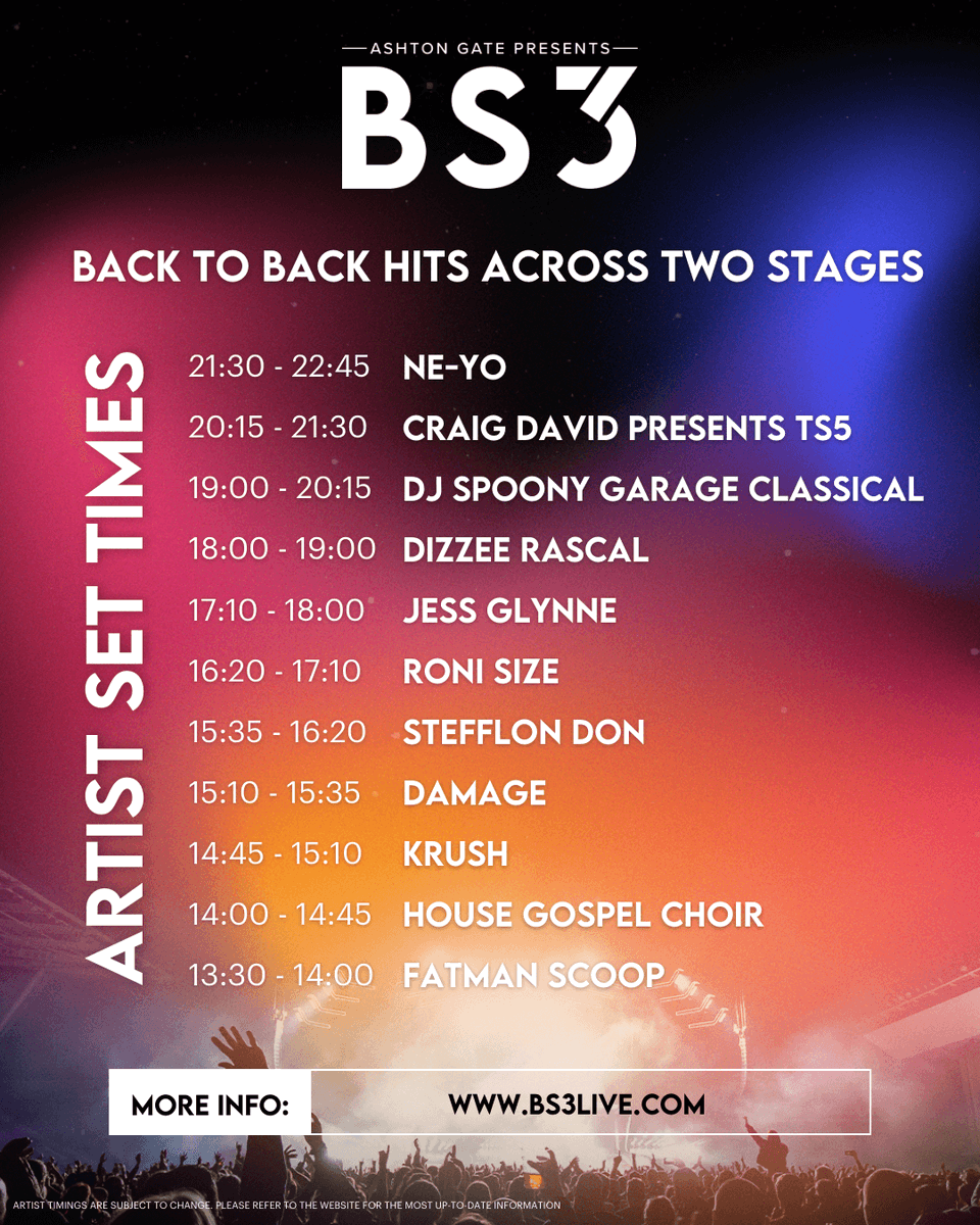 𝗬𝗢𝗨𝗥 𝗕𝗦𝟯 𝗙𝗘𝗦𝗧𝗜𝗩𝗔𝗟 𝗦𝗘𝗧 𝗧𝗜𝗠𝗘𝗦 🎶 One Stadium. Two Stages. Ten Artists. Bristol's biggest one-day stadium festival. 🎟️ Tickets are selling fast! bs3live.com