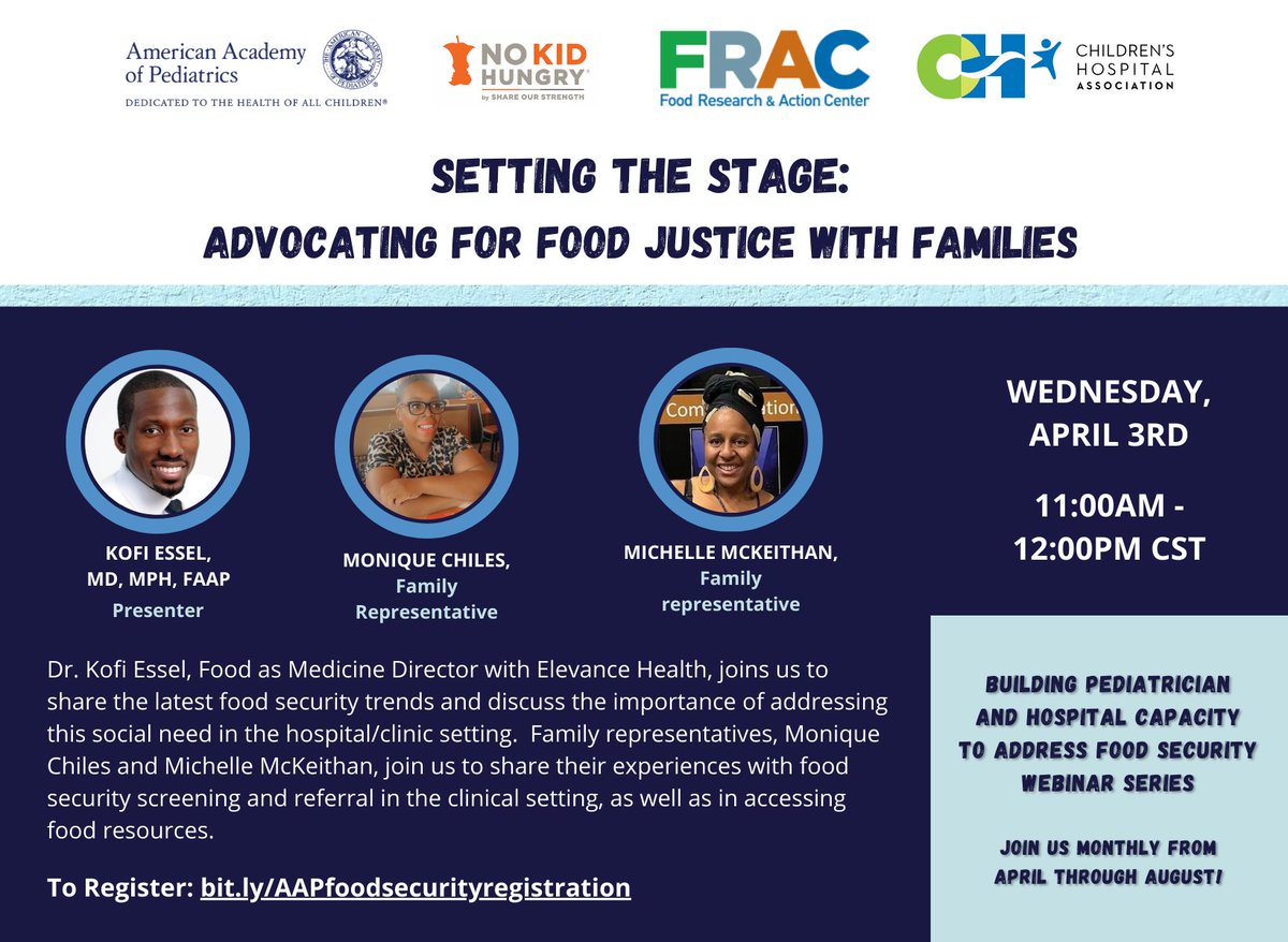 Join #NoKidHungry, @AmerAcadPeds, @hospitals4kids, and @fractweets on April 3rd at 12 pm EST for the first installment of a 5-part #webinar series, 'Building Pediatrician and Hospital System Capacity to Promote Food Security.' Learn more & register here: bit.ly/3TULXy7
