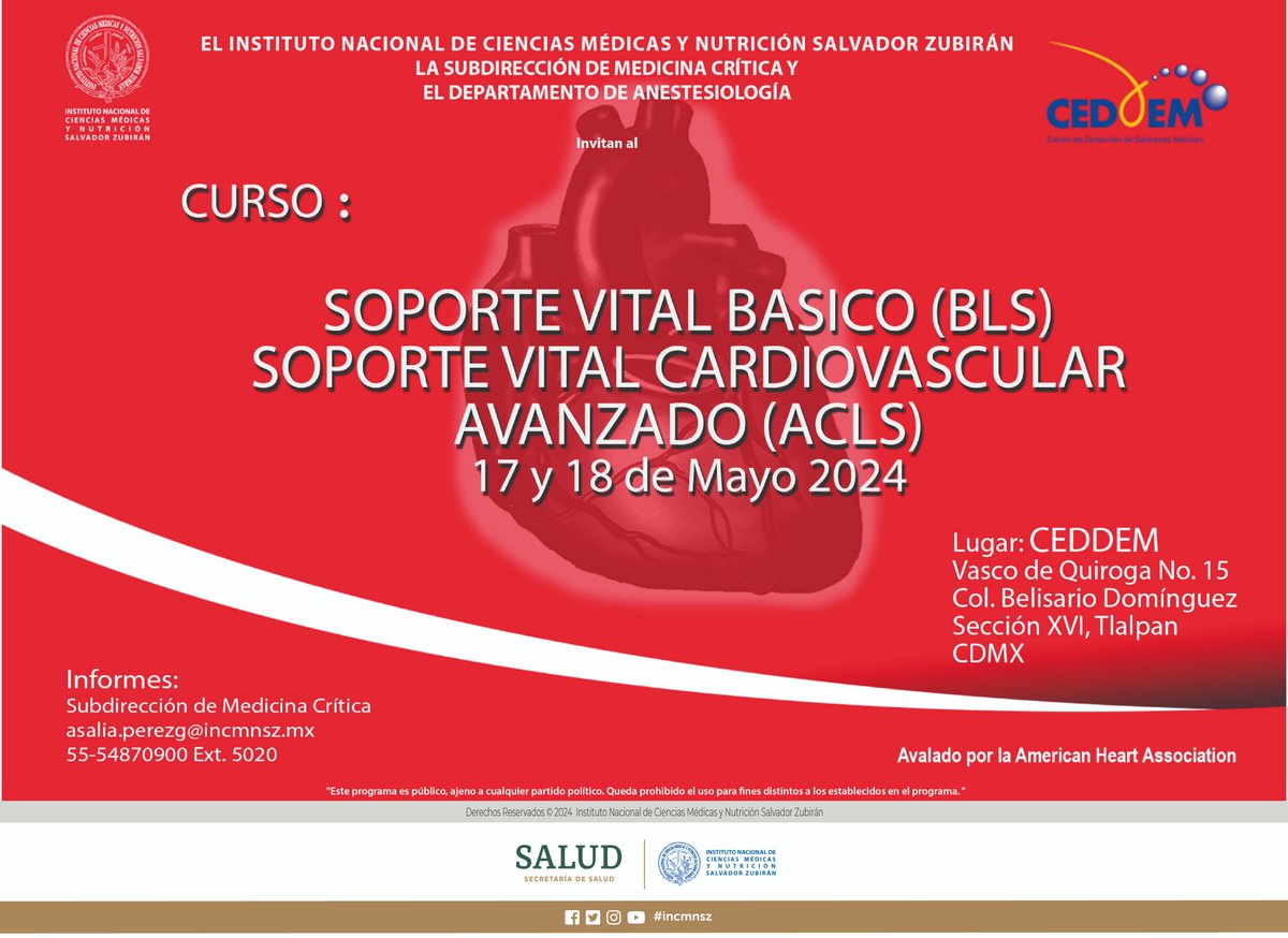 incmnszmx's tweet photo. * * * CURSO * * *
Soporte Vital Básico y Soporte Vital Cardiovascular Avanzado (BLS-ACLS)
17 y 18 de mayo
Para mayor información
asalia.perezg@incmnsz.mx
5554870900 ext. 5020 https://t.co/5BBej9DovO