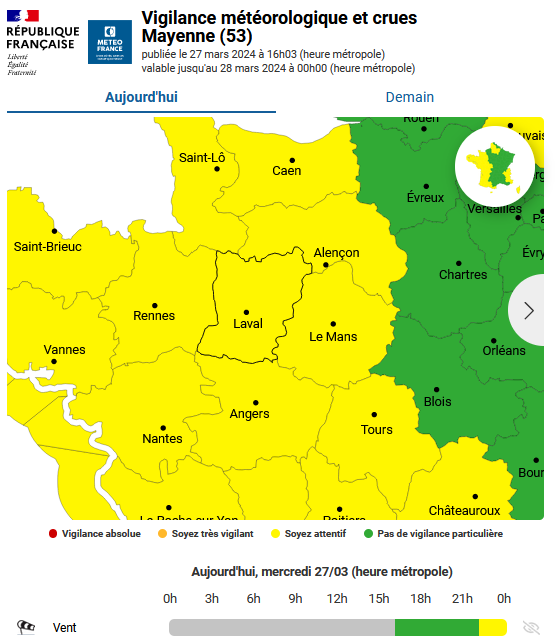 Prefet53's tweet photo. ⚠️ La #Mayenne est placée en #vigilancejaune 🟡 pour un risque de #vent 💨 (situation météorologique à surveiller) puis d'#orage ⛈️.
Demain jeudi, les rafales à l'intérieur des terres pourront atteindre 90 à 100 km/h, en particulier sous des averses orageuses.
✅ Soyez prudents. https://t.co/r1ZM6r7xrP
