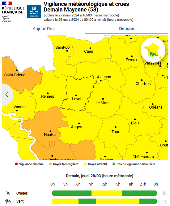 Prefet53's tweet photo. ⚠️ La #Mayenne est placée en #vigilancejaune 🟡 pour un risque de #vent 💨 (situation météorologique à surveiller) puis d'#orage ⛈️.
Demain jeudi, les rafales à l'intérieur des terres pourront atteindre 90 à 100 km/h, en particulier sous des averses orageuses.
✅ Soyez prudents. https://t.co/r1ZM6r7xrP