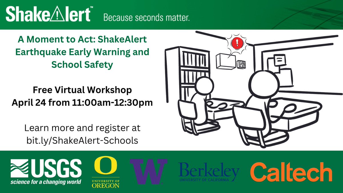 Attend the #ShakeAlert webinar on April 24 to learn how schools can use #EEW technology! Earthquake early warning alerts can save lives by giving students time to protect themselves before they feel shaking.

Register at washington.zoom.us/meeting/regist…

@USGS_ShakeAlert @PNSN1 @OregonOEM