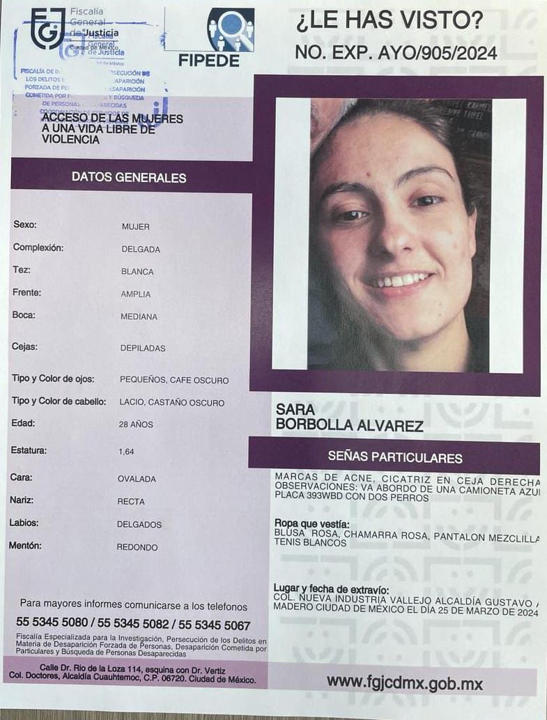 Ilse_Asecas's tweet photo. #TeBuscamos #TeBuscamosSara
Sara Borbolla Alvarez, de 28 años, fue vista por última vez el 25 de marzo en la Col. Nueva Industria Vallejo, alcaldía Gustavo A. Madero.

Su familia la está buscando, cualquier información sobre su paradero a @FiscaliaCDMX https://t.co/uUsj7xYWel