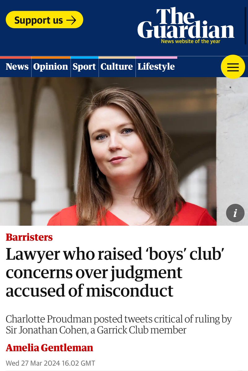 Dr Charlotte Proudman (@drproudman) on Twitter photo As a barrister, I am facing disciplinary proceedings by <a href="/barstandards/">Bar Standards Board</a> for expressing frustrations at the “echoes of a boys’ club attitude” in a family court judgment by a judge & member of the Garrick. The disciplinary judge recused himself, as he was a member of the Garrick too. As a barrister, I am facing disciplinary proceedings by <a href="/barstandards/">Bar Standards Board</a> for expressing frustrations at the “echoes of a boys’ club attitude” in a family court judgment by a judge & member of the Garrick. The disciplinary judge recused himself, as he was a member of the Garrick too.