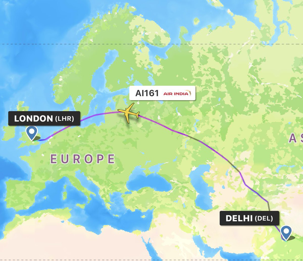 andyhodgsontv's tweet photo. Fancy a trip across Uzbekistan, Kazakhstan, Russia, Latvia and beyond? That’s exactly where my #airindia flight takes me from Delhi to London! 🇮🇳

Just the odd 4000 miles and I’ll be home.

#aviation #787dreamliner #flightroute https://t.co/yTEyaBhK2f