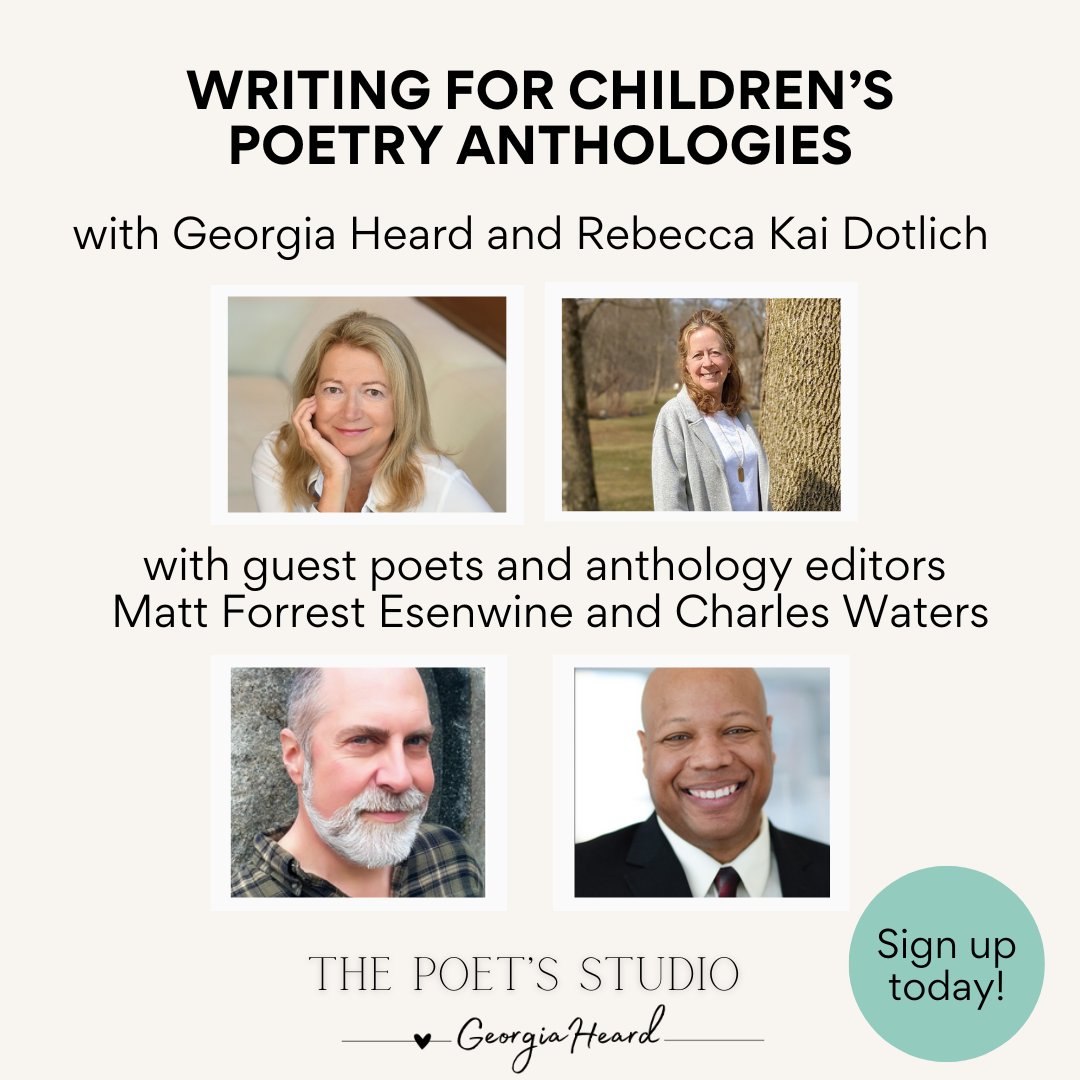 Join me and @Rebeccakai, as well as guest poets and poetry anthology editors @MattForrestVW and @WatersCharles, for an online workshop designed specifically for children's poets seeking to write poems for anthologies. Learn more and sign up today here: georgiaheard.com/the-poets-stud…