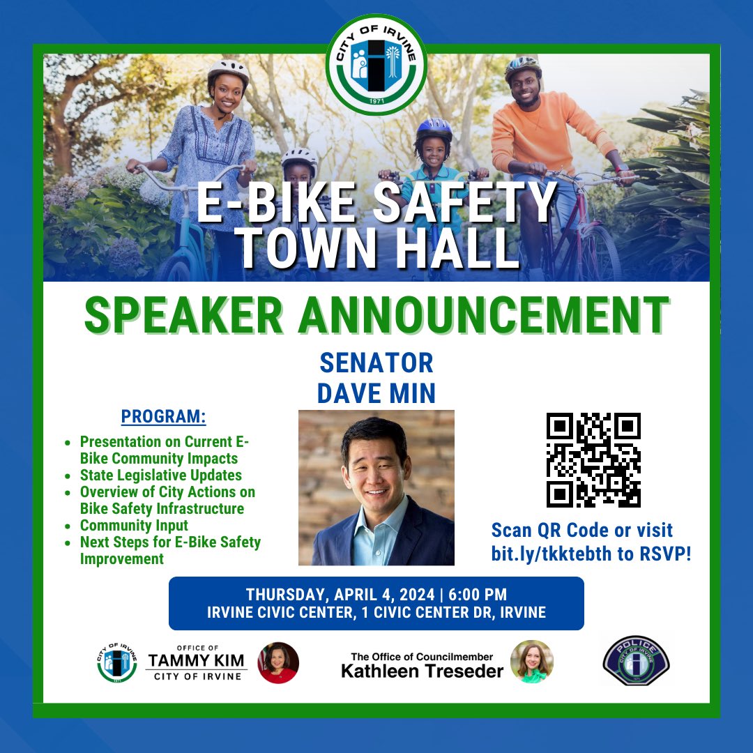 SenDaveMin's tweet photo. 📆On April 4, I'm teaming up with @tammykimOC and @DrTreseder for an E-Bike Safety Town Hall. Join us to learn about safety tips, bike infrastructure, and my two e-bike safety bills, including #SB381 signed by the Governor. Register today! https://t.co/Hx9RQ64GN4 https://t.co/Ee0et0EKFx