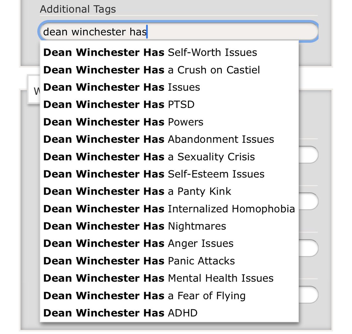 spnjxnmish's tweet photo. tag yourselves i’m dean winchester has mental health issues https://t.co/odZaHFEgbT