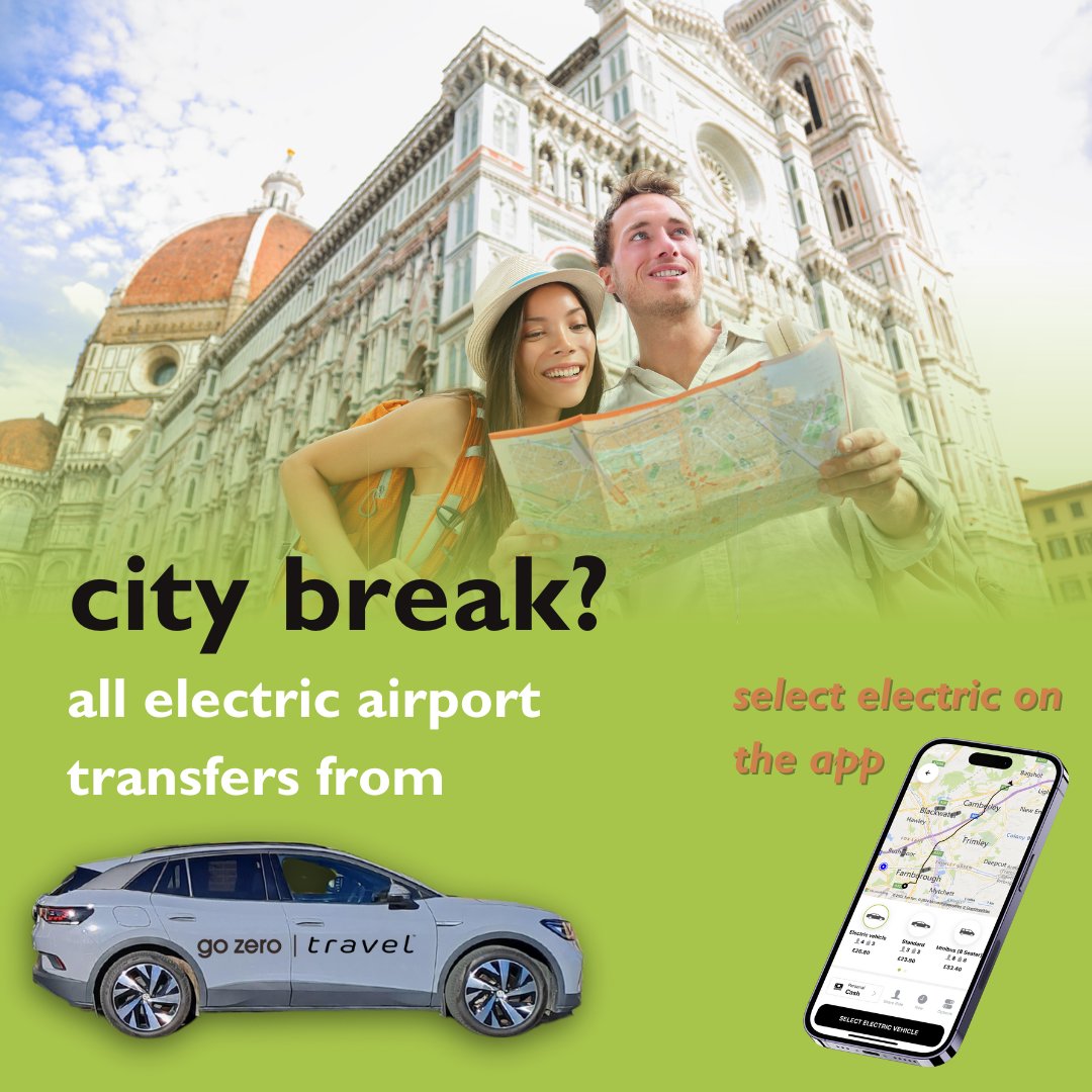 ✅ city break
✅ minimal luggage
✅ zero transfer emissions

pre-book on the app selecting electric
🤖 🍏
0800 086 8680

#taxitransfer #airporttransfers