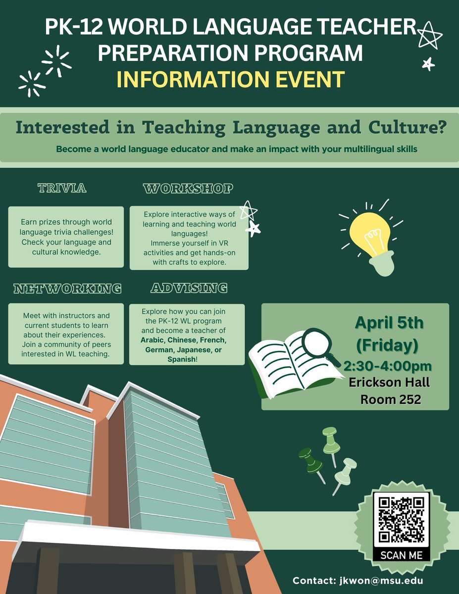 Luqing__Zang's tweet photo. Calling all aspiring PK-12 world language teachers! 🌍✨Meet current WL educators, check out our program, explore VR immersion, showcase your language/cultural expertise, and grab awesome giveaways! Don't miss out the event!! 
@MSUCollegeofEd @michiganstateu @MSUnews https://t.co/dv30xtaB2w