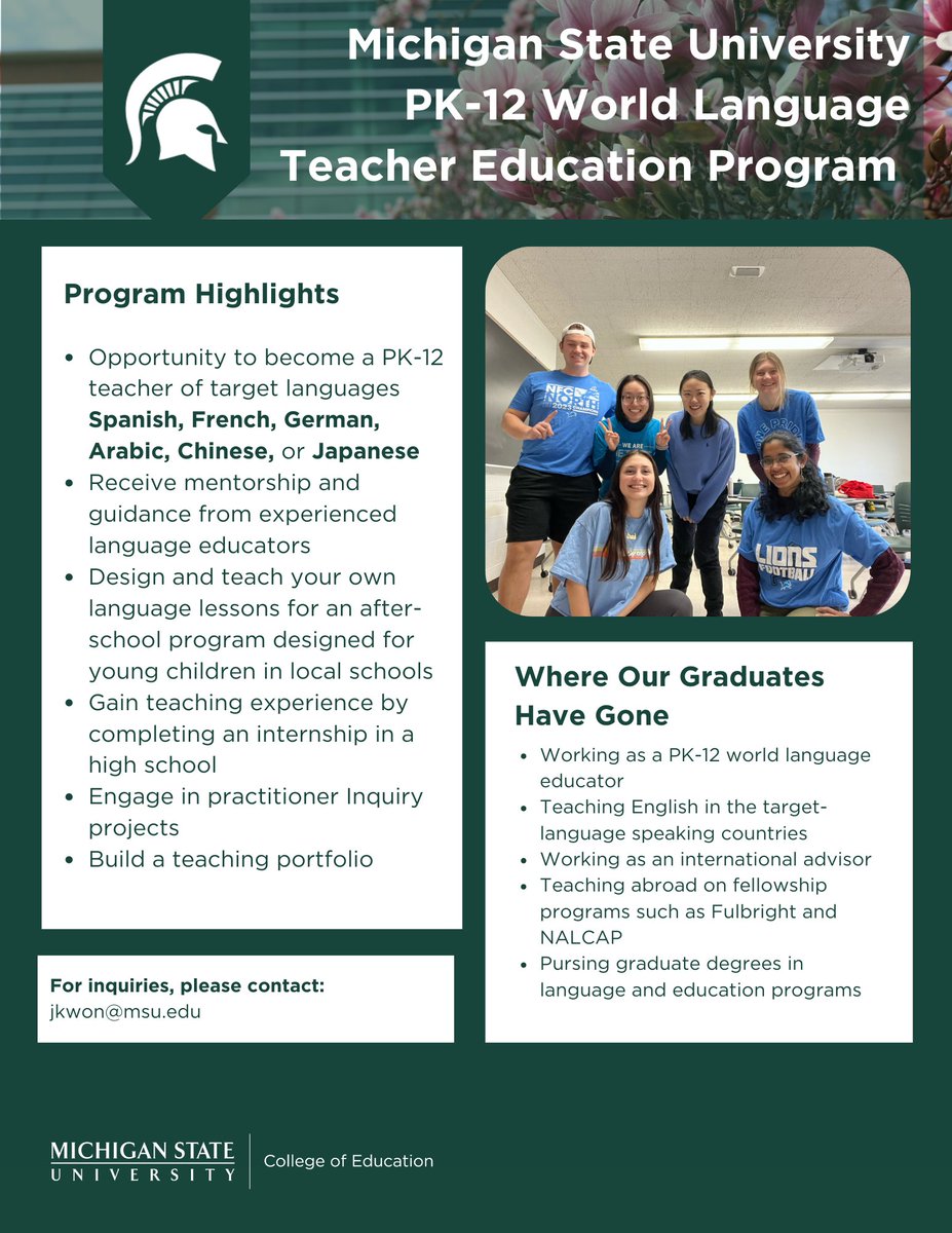 Luqing__Zang's tweet photo. Calling all aspiring PK-12 world language teachers! 🌍✨Meet current WL educators, check out our program, explore VR immersion, showcase your language/cultural expertise, and grab awesome giveaways! Don't miss out the event!! 
@MSUCollegeofEd @michiganstateu @MSUnews https://t.co/dv30xtaB2w