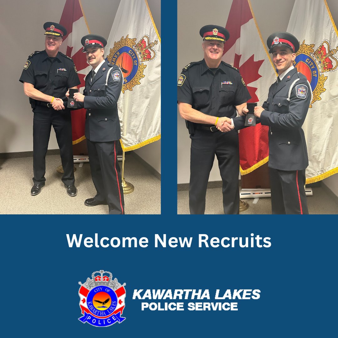 The Kawartha Lakes Police Service welcomes two new recruits who recently graduated from the Ontario Police College. Constable Jonathan Deschamps and Constable Nicholas DeRyck. Both will start serving our community with their new platoons later this week. @kawarthalakes
