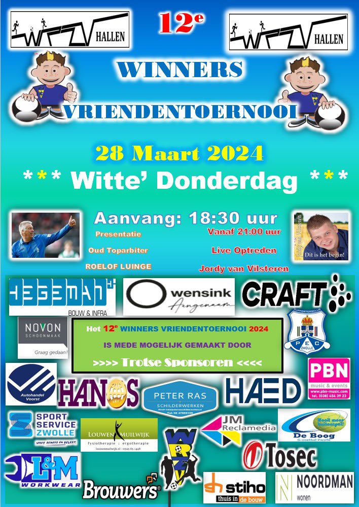‘ Witte’ donderdag staat voor iets, maar zeker ook voor voetballen met een beperking in Zwolle.
Morgenavond 18.30 uur <a href="/WRZVZwolle/">wrzvzaalvoetbal.nl</a> het mixed zaalvoetbal winnerstoernooi.
Wederom dank aan onze trouwe sponsoren.
Iedereen doet mee, leukste toernooi die er is.