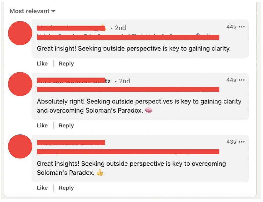 It's official: The L*nkedIn growth gurus have destroyed L*nkedIn These are the replies I got within seconds of posting today > 100% obviously AI-generated > 0% useful for building a relationship Don't do this It makes you look like a user who only engages with people to grow…