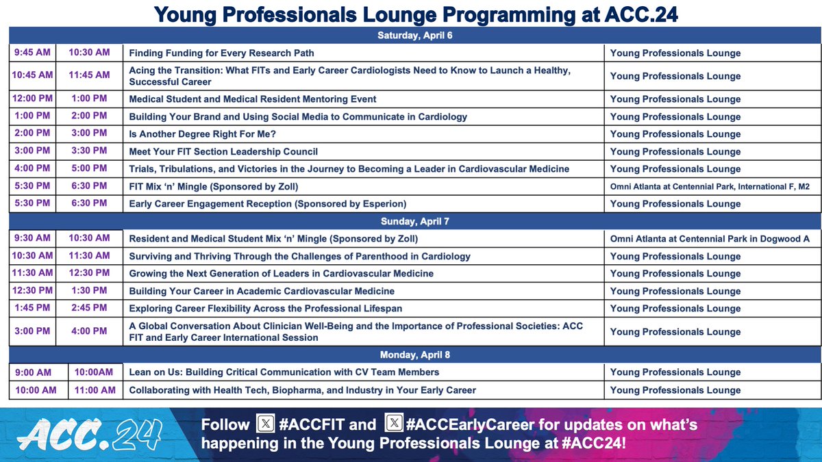 Bookmark 🔖 this post / save this image for easy access to the entire weekend's #ACC24 Young Professionals Lounge schedule Sessions across the spectrum of career development, work-life integration, networking, & more! #ACCFIT #ACCEarlyCareer @DougDrachmanMD @KBerlacher