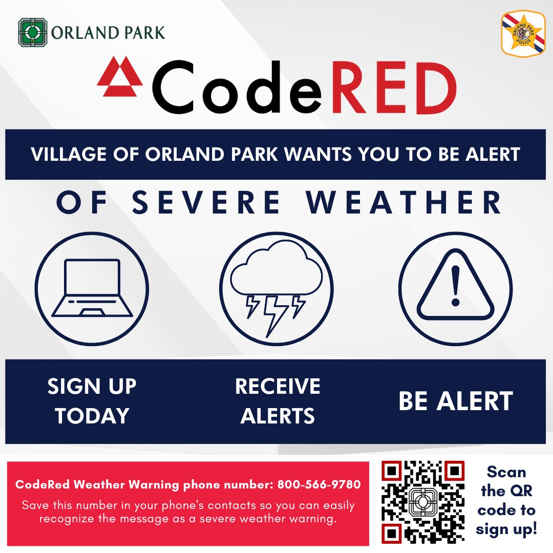 Are you registered? The CodeRED® Emergency Notification System is a service the Village uses to notify residents and businesses of an emergency or urgent situation that requires immediate attention. Choose which types of alerts you wish to receive. orlandpark.org/codered