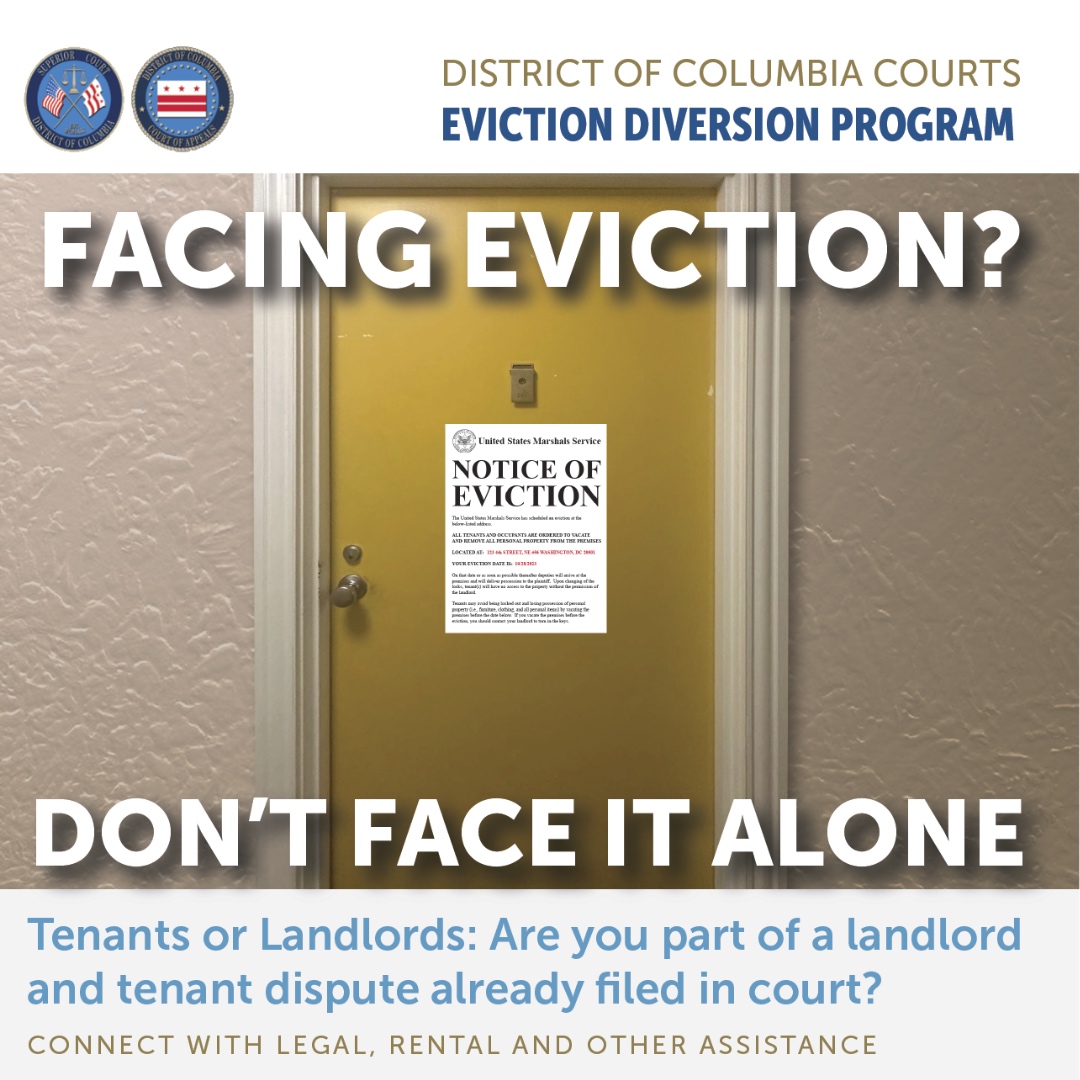 DCCourtsEDP's tweet photo. Are you Facing Eviction?

You don't have to face it alone!

If you are a DC tenant or landlord with a dispute already filed in court, this program is for you!

For more information or to sign up, visit https://t.co/weL612MSrv or click the link in our bio.

#DC #WashingtonDC #r... https://t.co/RJ6ZkO9crN