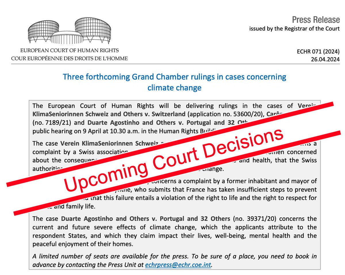 duycks's tweet photo. ⚡🚨⚖ Upcoming: Major moment for #ClimateLitigation at ⚖️🇪🇺@ECHR_CEDH of #HumanRights with 3 decisions expected to pave way for future rulings addressing States responsibility under European Convention of #HumanRights (ECHR) to prevent climate-related harms
🧵A short thread👇 https://t.co/Dd9Q11lbsp