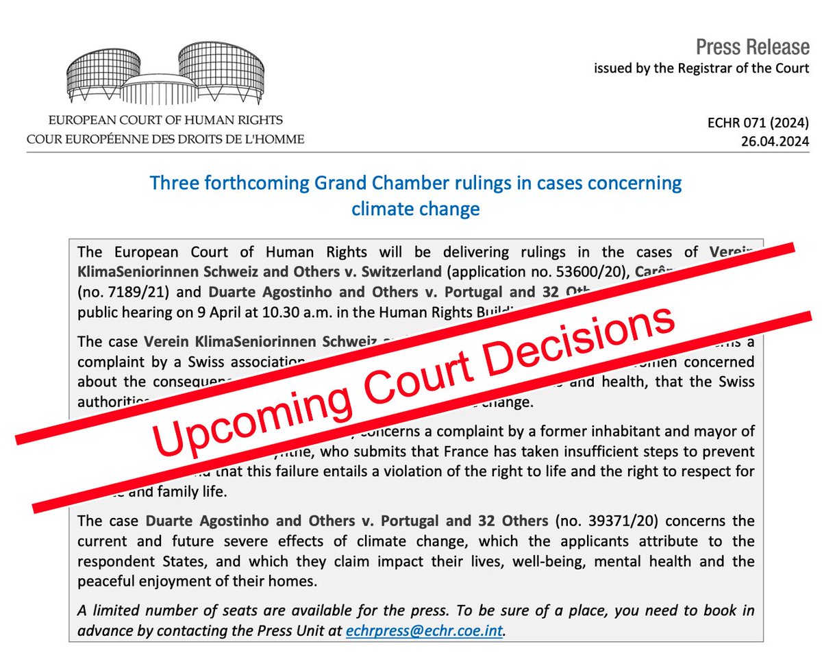 ⚡🚨⚖ Upcoming: Major moment for #ClimateLitigation at ⚖️🇪🇺@ECHR_CEDH of #HumanRights with 3 decisions expected to pave way for future rulings addressing States responsibility under European Convention of #HumanRights (ECHR) to prevent climate-related harms 🧵A short thread👇